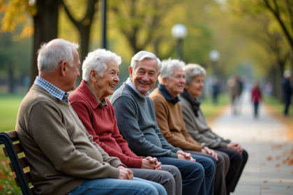 Groupe de seniors souriants dans un parc en plein air