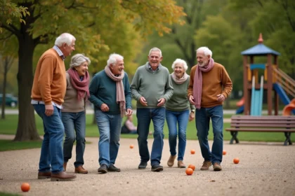Groupe de seniors jouant à la pétanque dans un parc en plein air