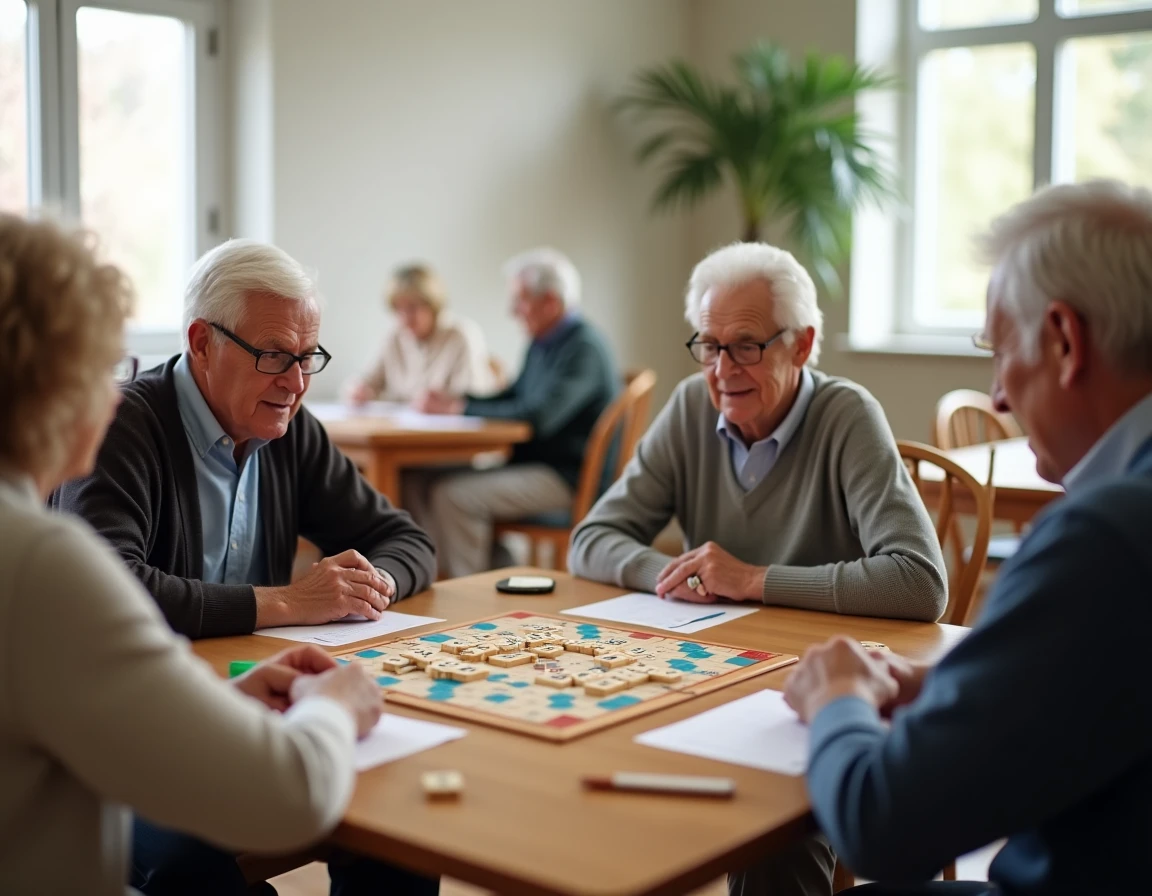Groupe de quatre seniors jouant à une version moderne de Scrabble dans un centre communautaire