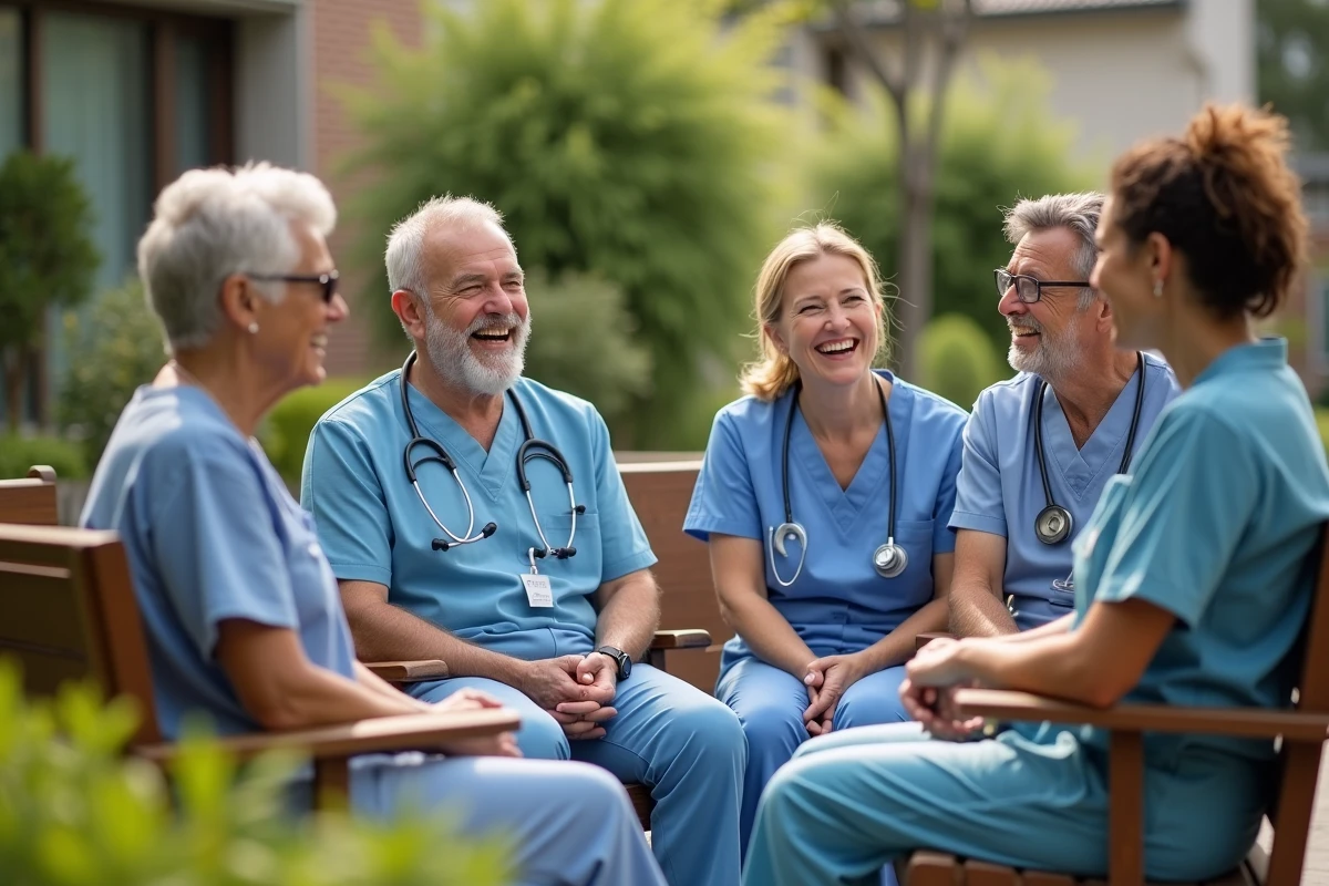 Groupe d aides-soignants souriants lors d une pause en extérieur