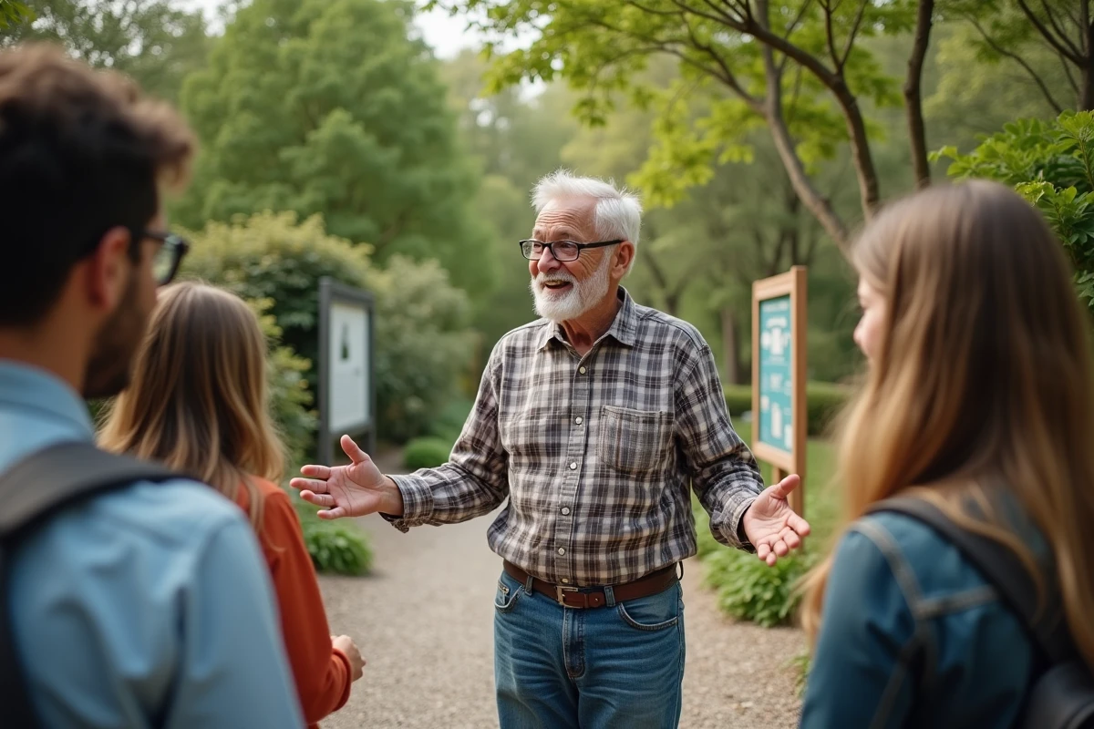 Homme retire guide dans un jardin botanique avec jeunes
