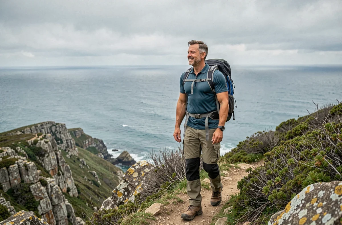 Homme de 50 ans en randonnée solo sur un sentier côtier avec vue panoramique sur l'océan