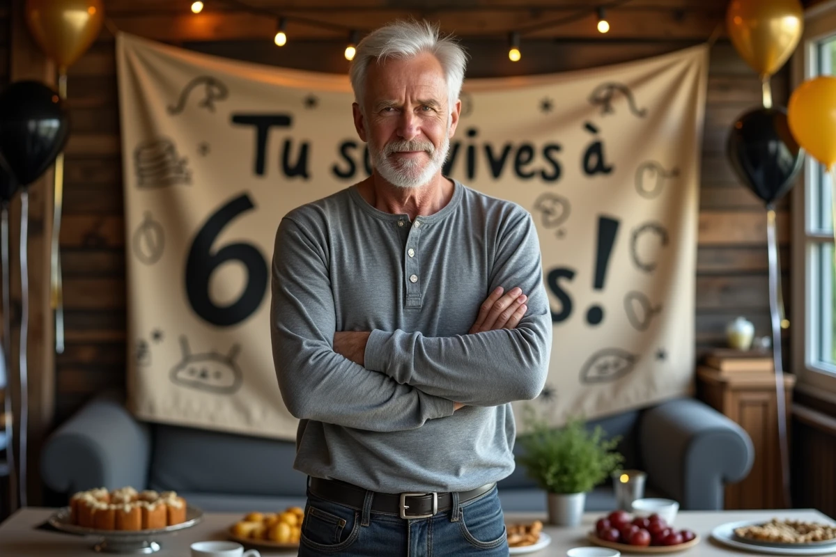 Homme de 60 ans posant avec humour devant une banderole d'anniversaire faite maison dans un salon décoré
