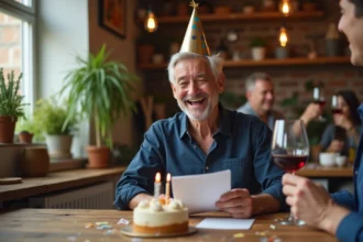 Homme de 60 ans souriant avec un chapeau d'anniversaire humoristique lisant une carte rigolote lors d'une fête entre amis