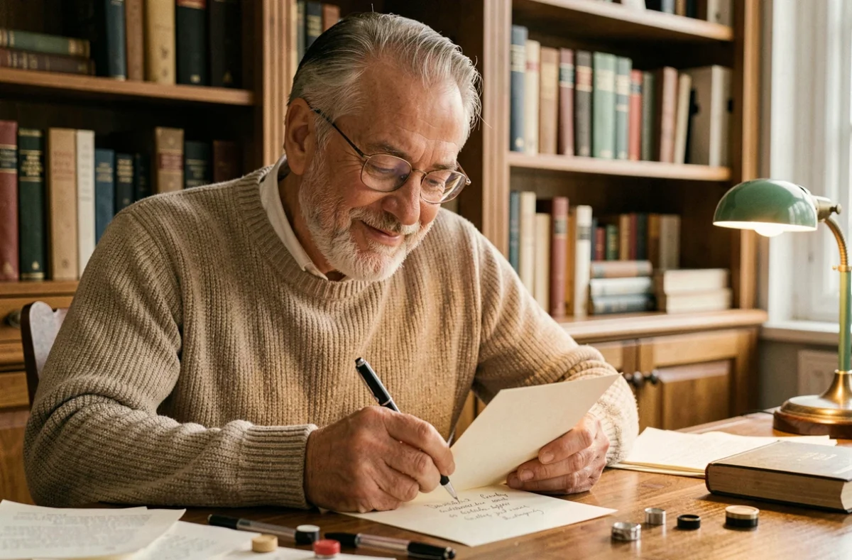 Homme de 70 ans concentré à écrire un message d'anniversaire humoristique et bienveillant dans une carte