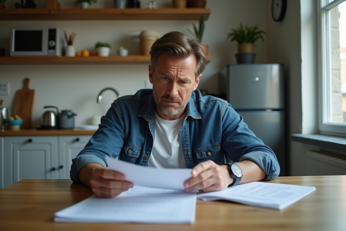 Homme d'âge moyen examinant des documents dans une cuisine moderne