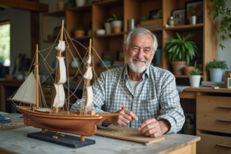 Homme retraité assemble un modèle de bateau dans son atelier