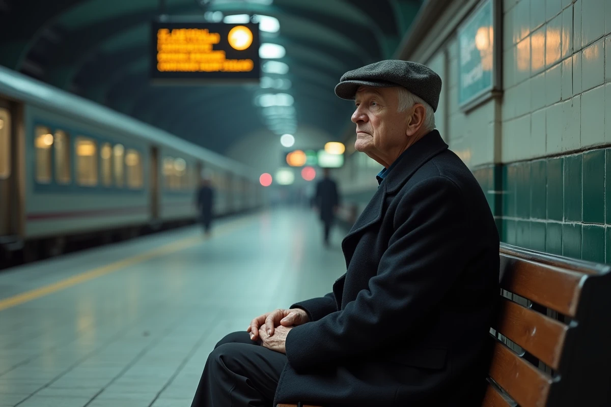 Un homme âgé assis dans une gare avec un regard pensif