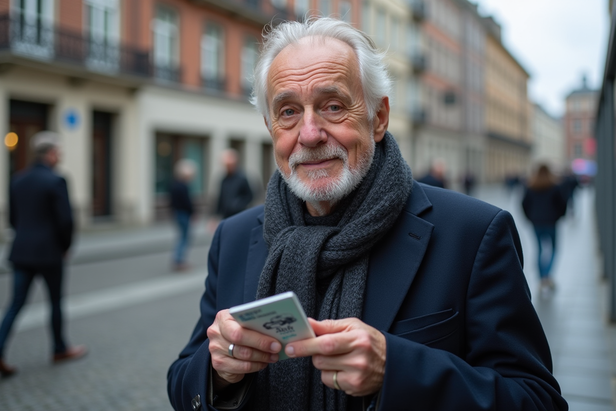 Homme belge de 65 ans au tram dans une rue urbaine