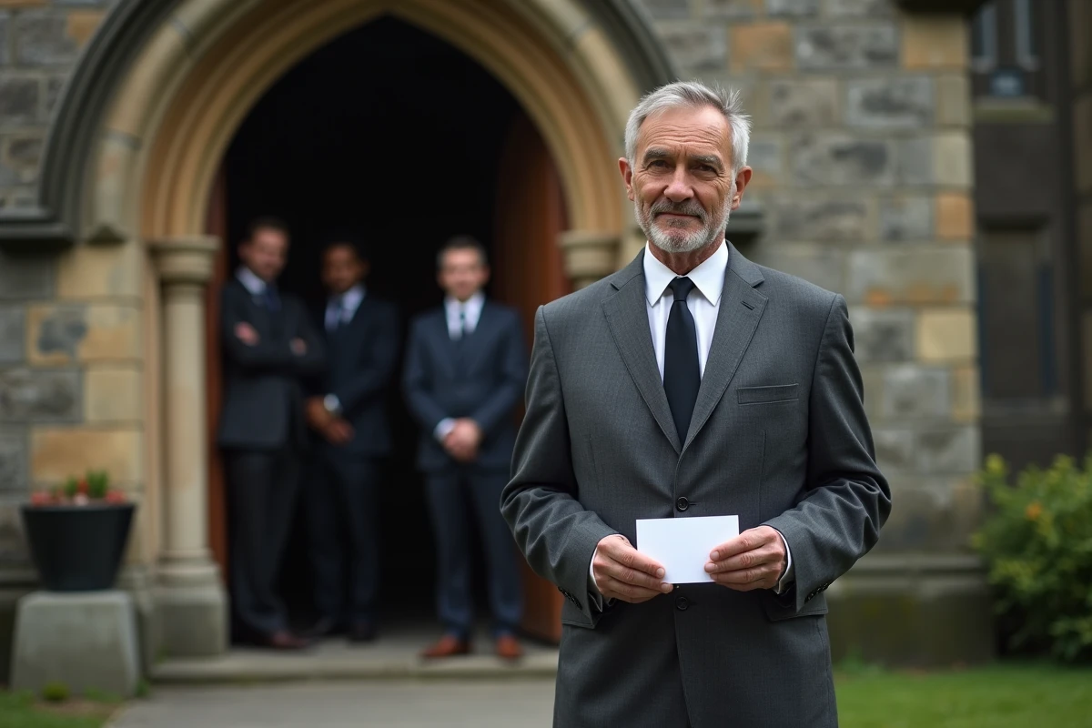 Homme tenant une carte de condoléances devant une église lors d'une cérémonie funèbre pour une personne âgée