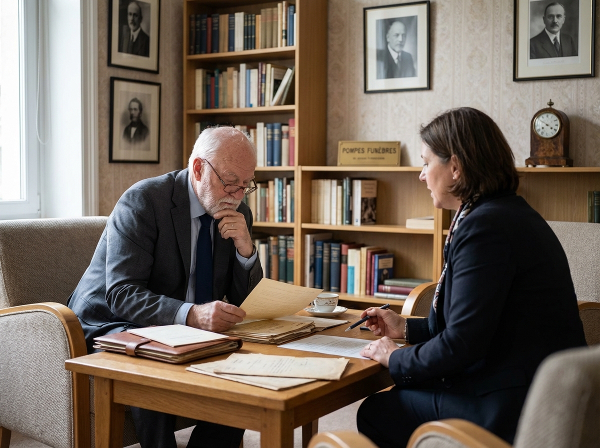 Homme âgé en réunion avec une conseillère funéraire