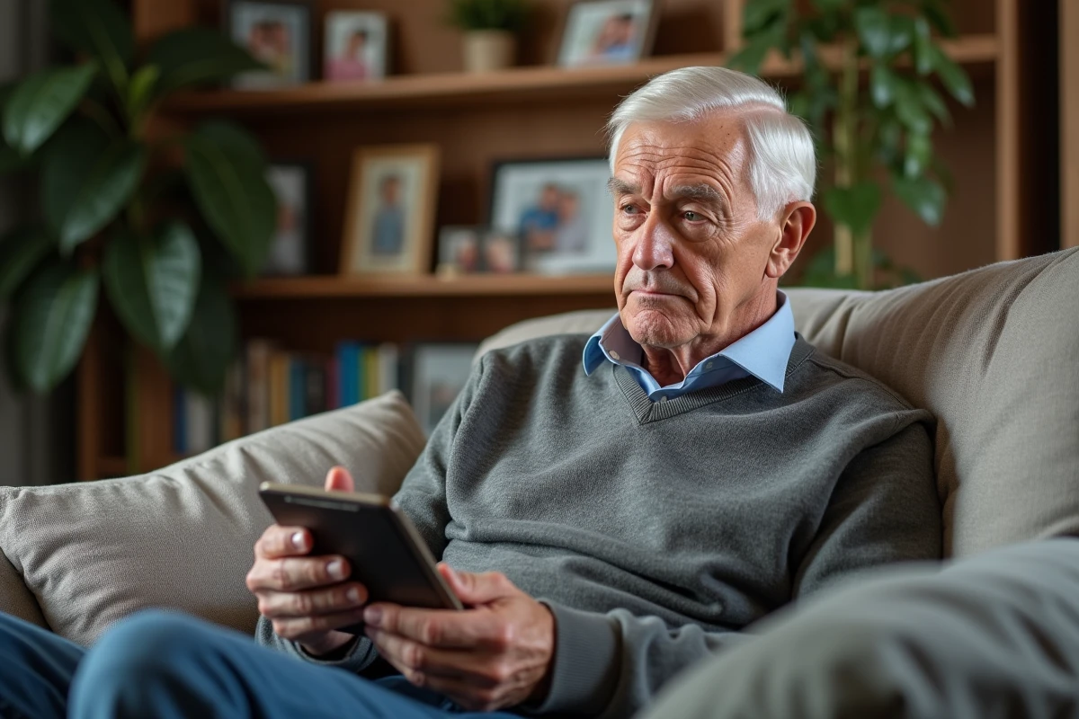 Homme âgé avec organisateur de pilules dans le salon