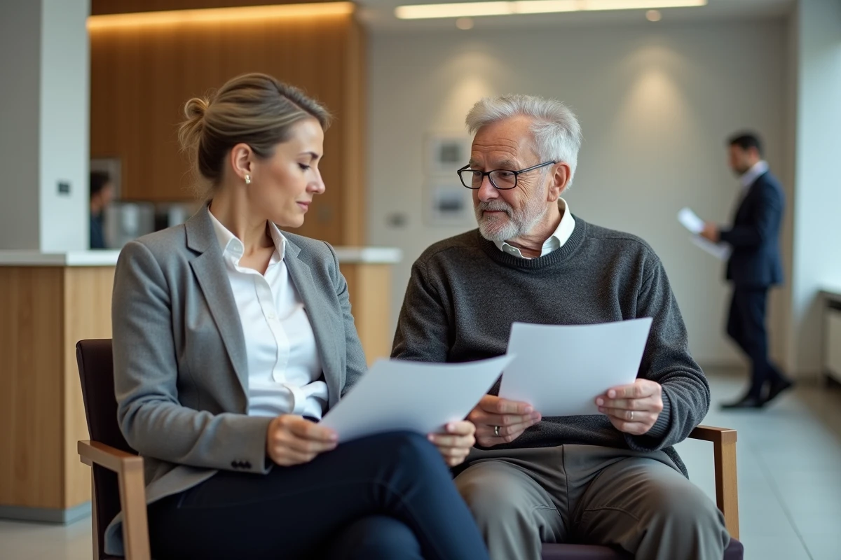 Homme âgé avec sa fille dans un bureau administratif