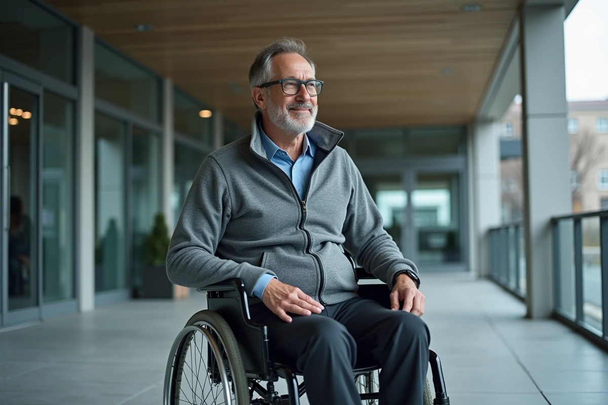Homme en fauteuil roulant manuel devant l'entrée accessible d'un bâtiment moderne avec rampe d'accès