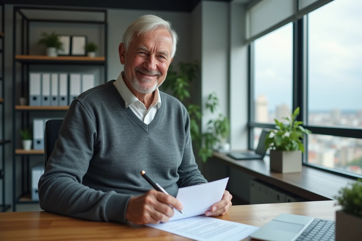 Homme âgé pliant sa lettre de retraite dans un bureau moderne