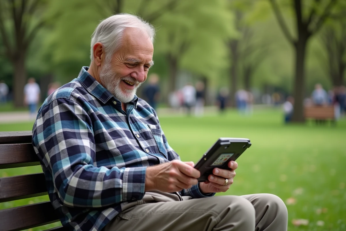 Homme âgé joue à un jeu électronique dans un parc