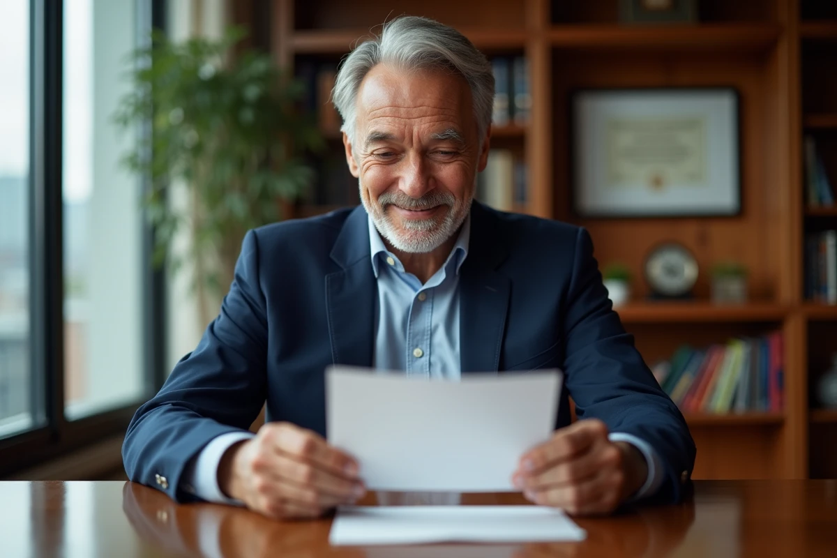 Portrait d'un homme lisant sa carte de retraite avec émotion lors de son départ de l'entreprise