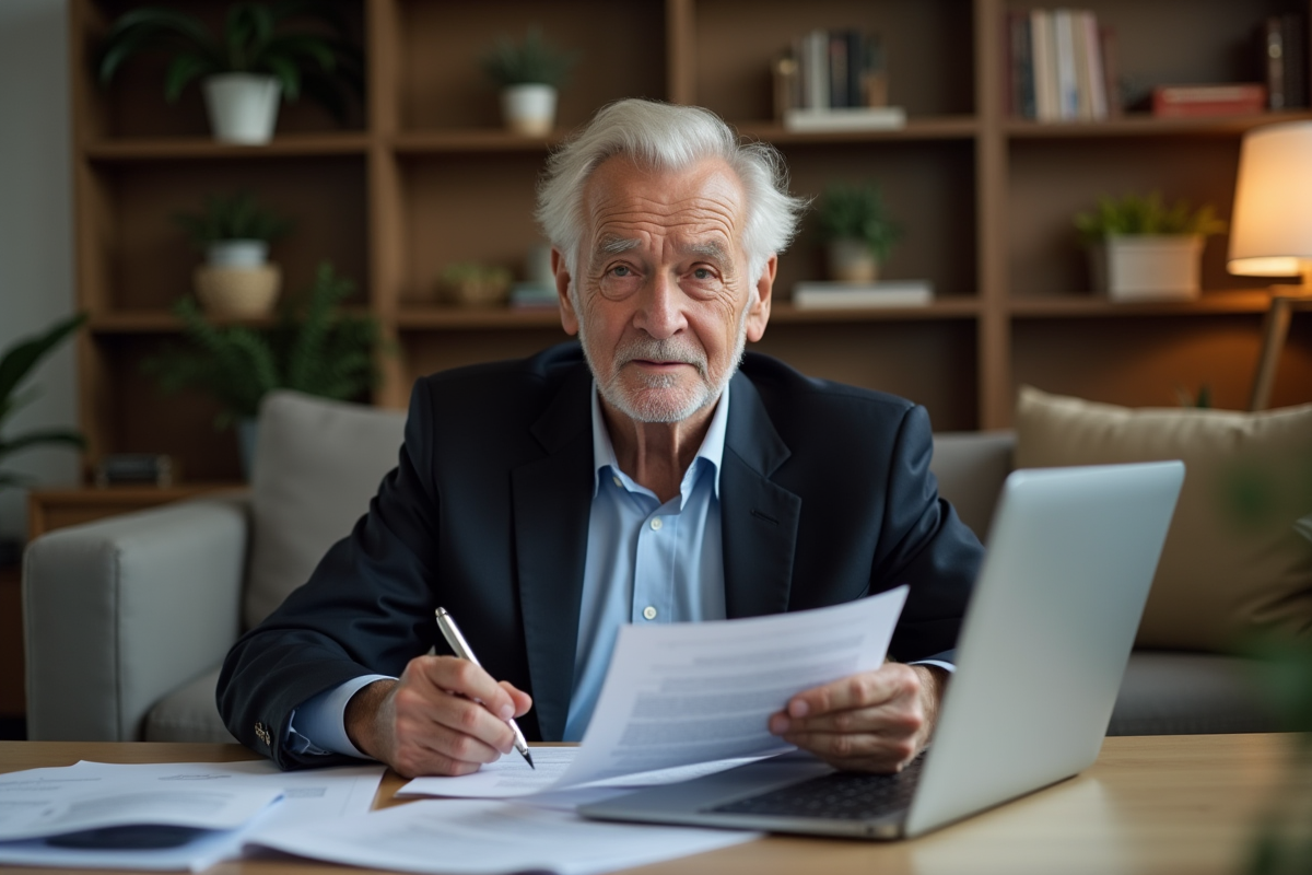 Homme age compare des prix de cercueils dans son salon