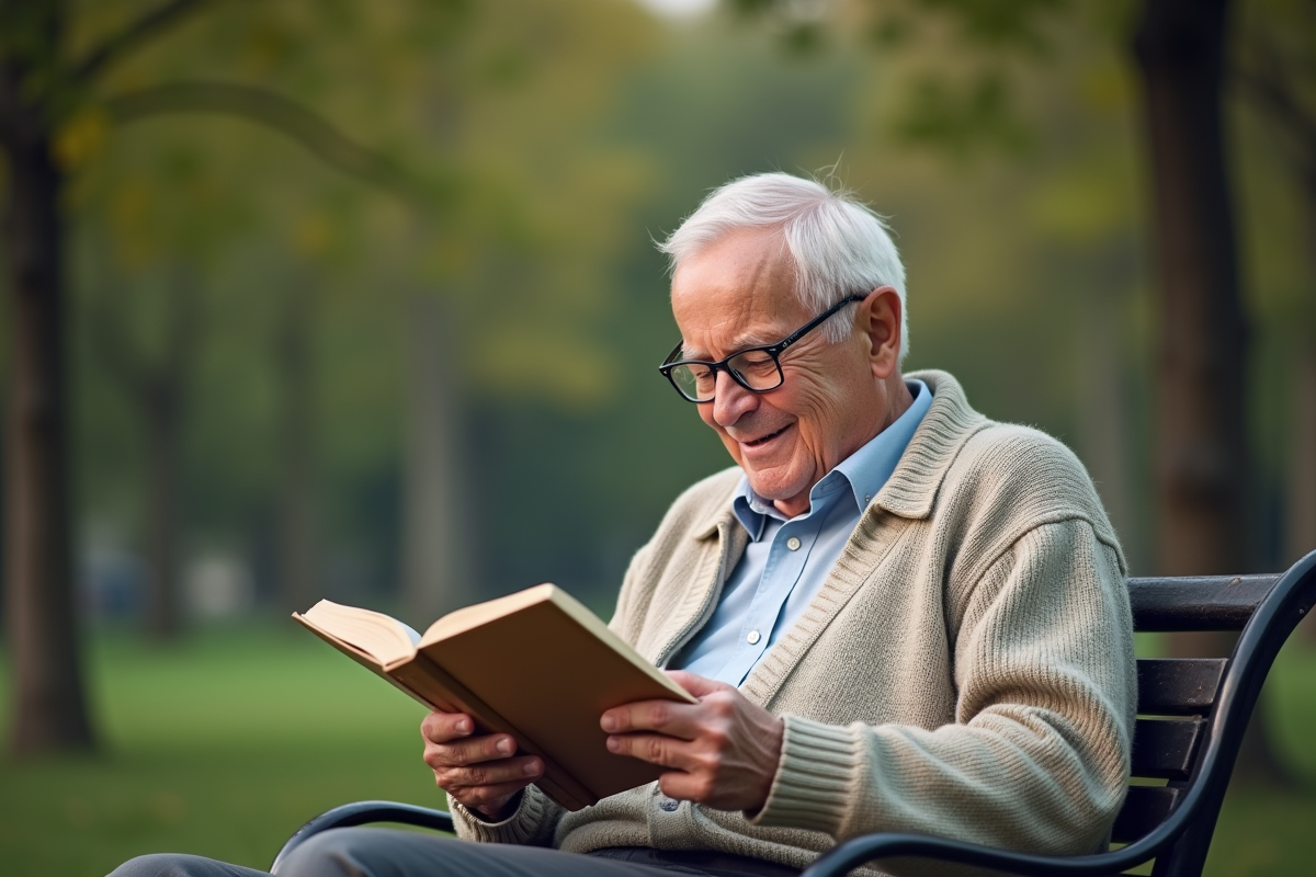 Homme âgé lisant un livre dans un parc en aprèsmidi