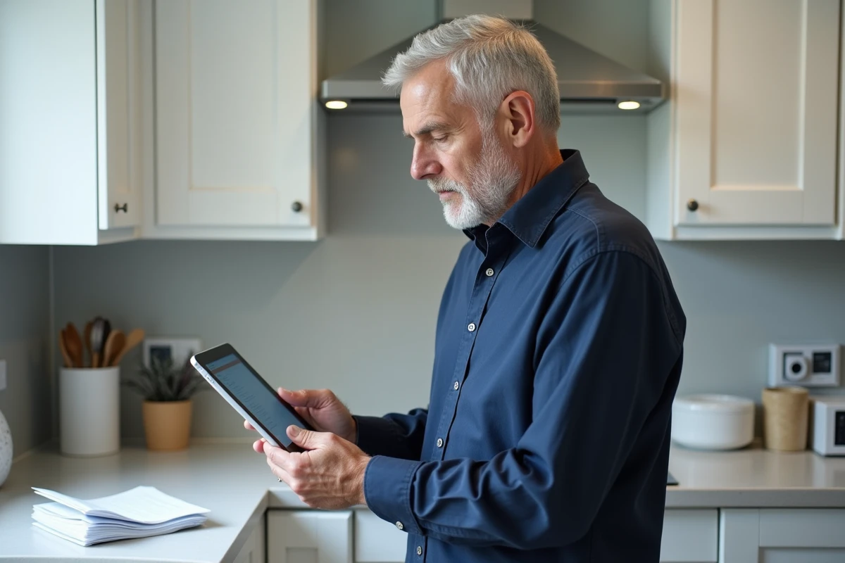 Homme d'âge mûr naviguant sur le portail LogisFil depuis une tablette dans sa cuisine
