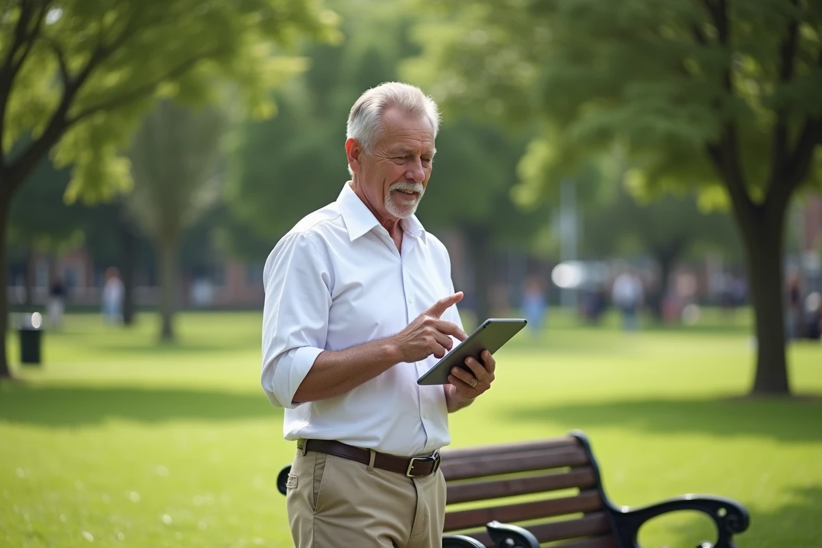 Homme confiant utilisant une tablette dans un parc verdoyant