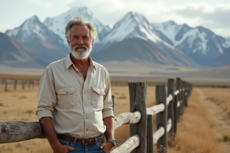 Homme français au ranch patagonien avec montagnes enneigees