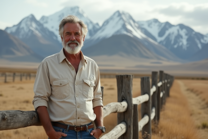 Homme français au ranch patagonien avec montagnes enneigees
