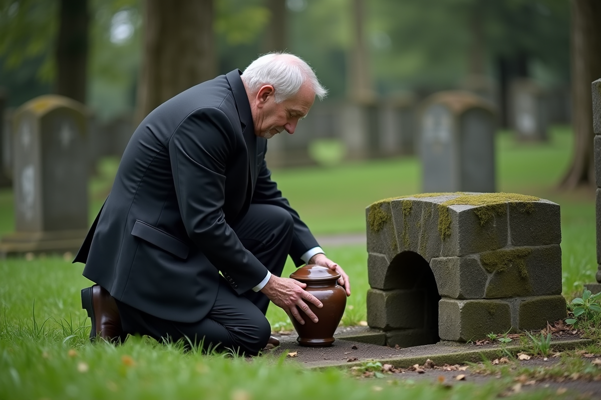 Homme âgé déposé une urne en céramique dans une tombe