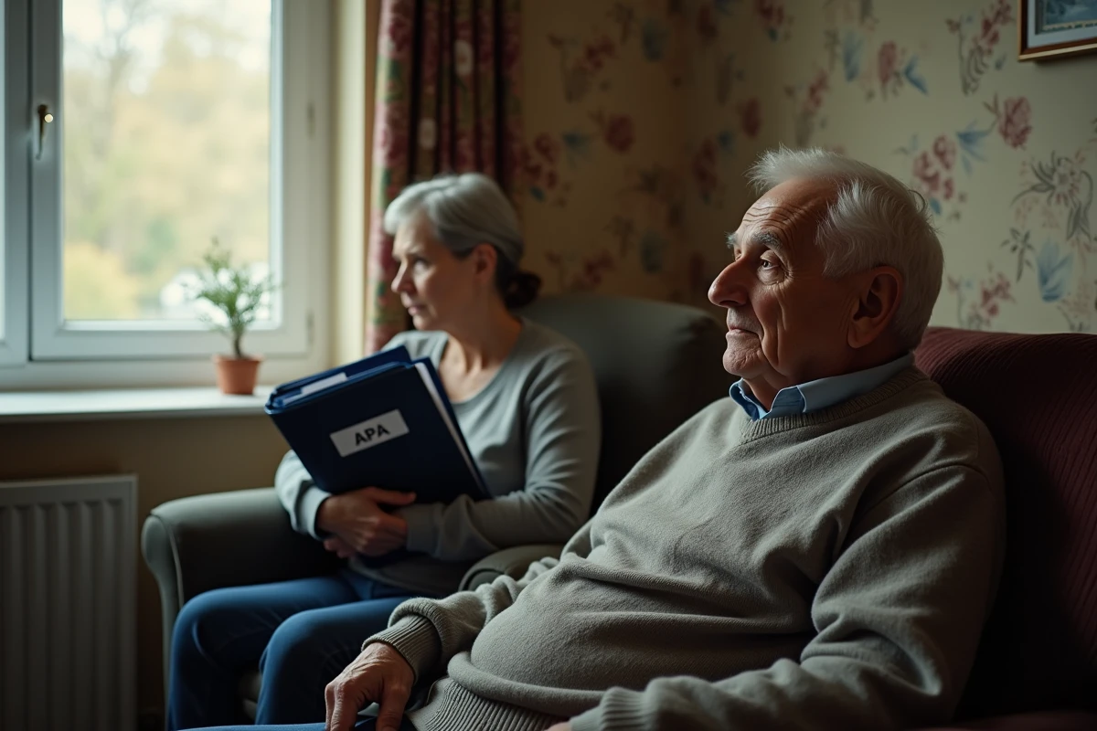 Homme âgé regardant par la fenêtre avec femme fatiguée