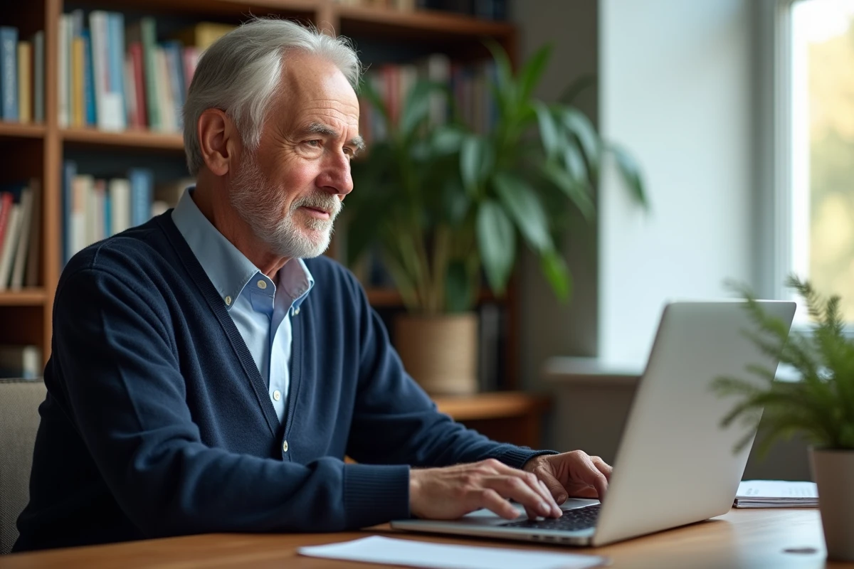 Homme retraité concentré sur son ordinateur dans un bureau lumineux