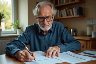 Homme à la retraite examinant des documents de revalorisation de pension Agirc-Arrco à la maison