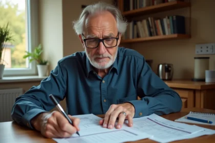 Homme à la retraite examinant des documents de revalorisation de pension Agirc-Arrco à la maison