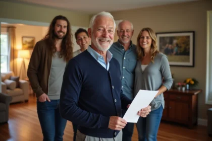 Homme retraité souriant avec famille à la maison