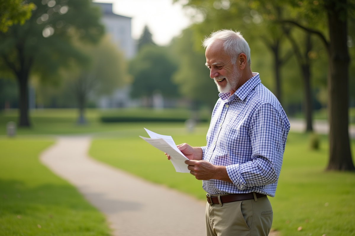 Homme retraité souriant dans un parc en lisant un relevé