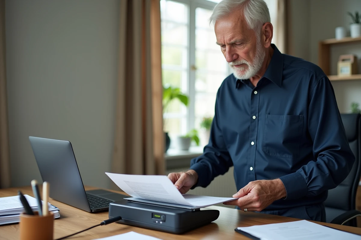 Un homme retraité numérise des documents administratifs pour les envoyer à Agirc Arrco dans le cadre d'une réversion de retraite