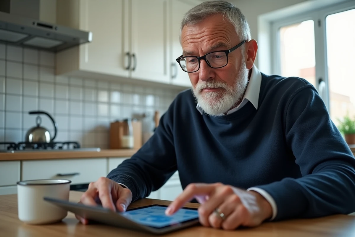 Homme retraité utilisant une tablette pour accéder à son espace personnel Carsat en ligne depuis sa cuisine