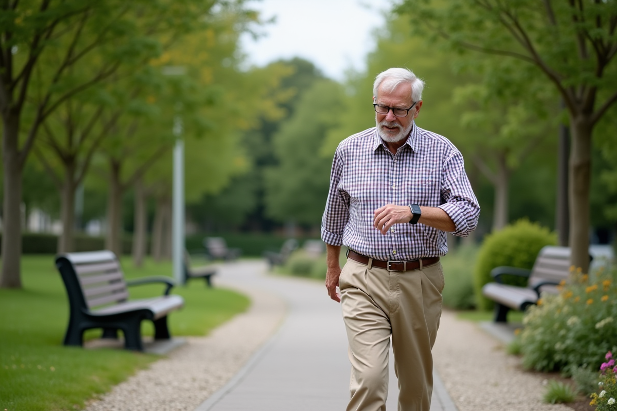 Homme senior marchant dans un jardin avec bracelet de securite