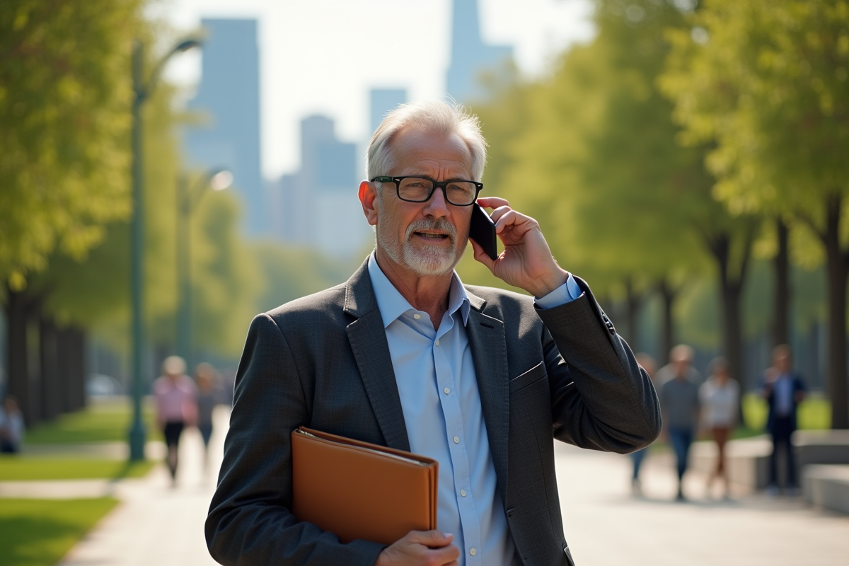 Homme senior parlant au téléphone dans un parc urbain ensoleille