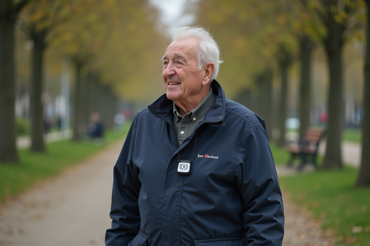 Homme âgé marchant dans un parc français avec pendentif d