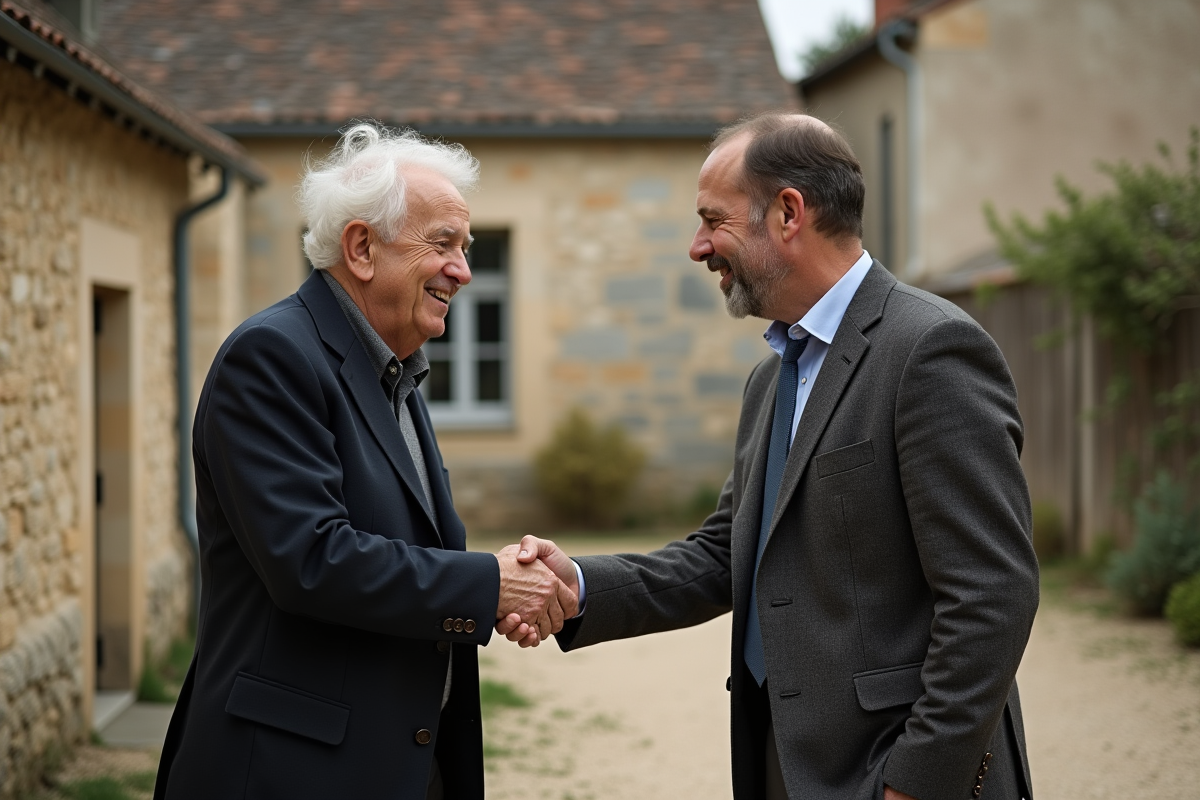 Homme et fils se serrant la main devant maison ancienne