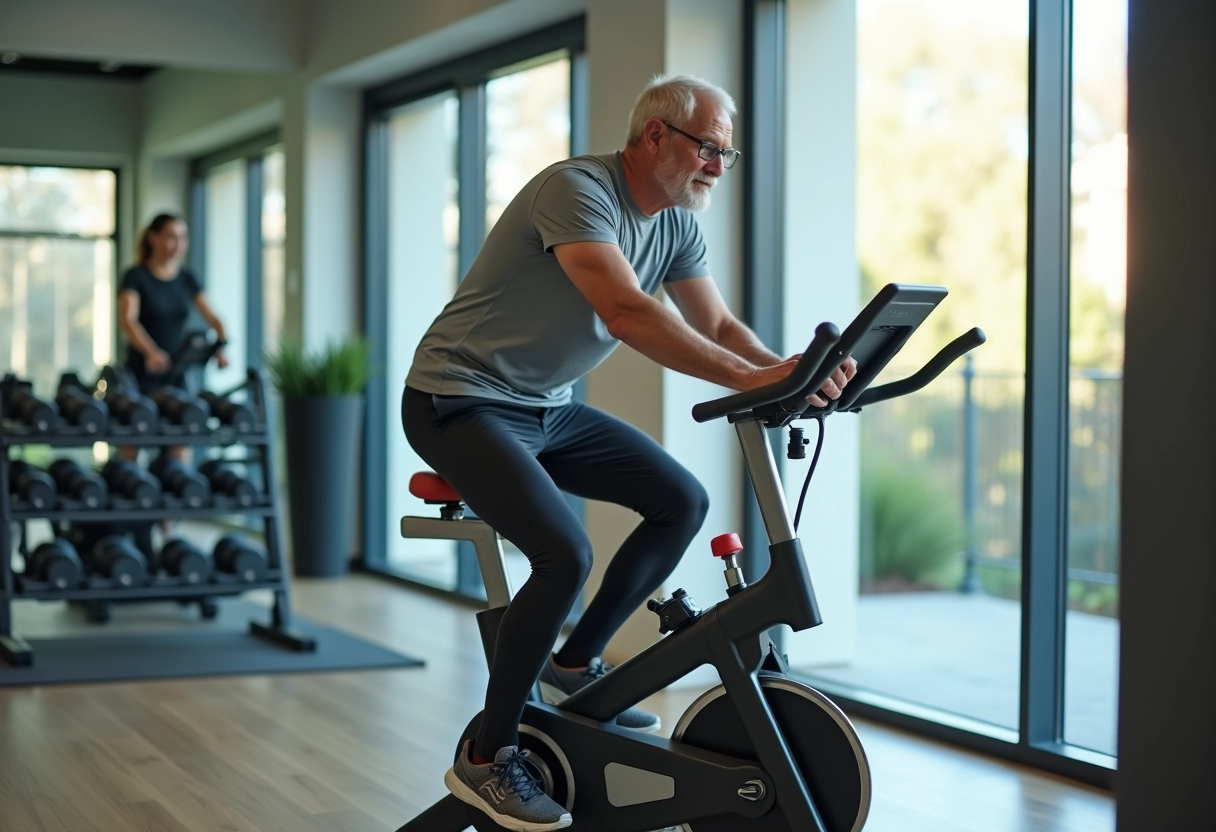 Homme senior en tenue de sport sur vélo en salle de gym
