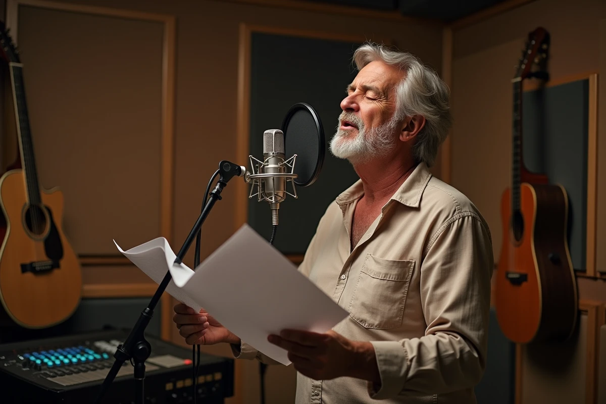 Homme chantant devant un microphone en studio amateur tenant des paroles de chanson sur le thème de la retraite