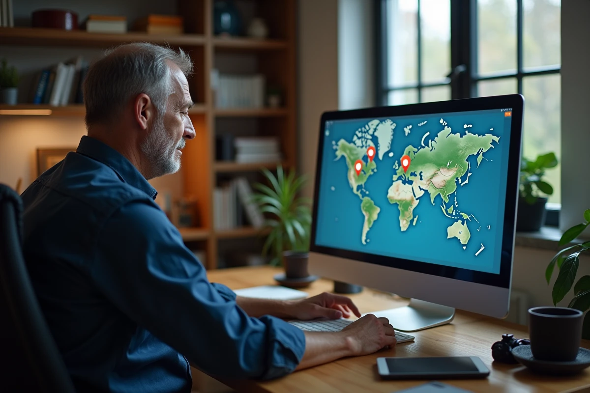 Homme analysant une carte de géolocalisation sur ordinateur dans un bureau à domicile, représentant la surveillance numérique et le suivi GPS à distance