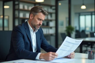 Homme d'affaires examine un relevé de pension dans un bureau moderne