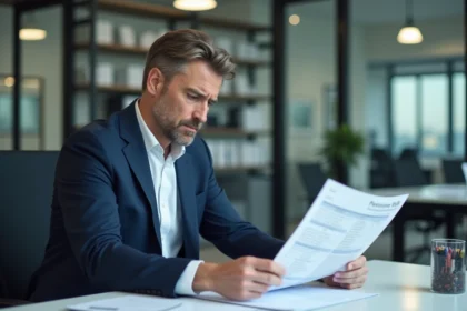Homme d'affaires examine un relevé de pension dans un bureau moderne
