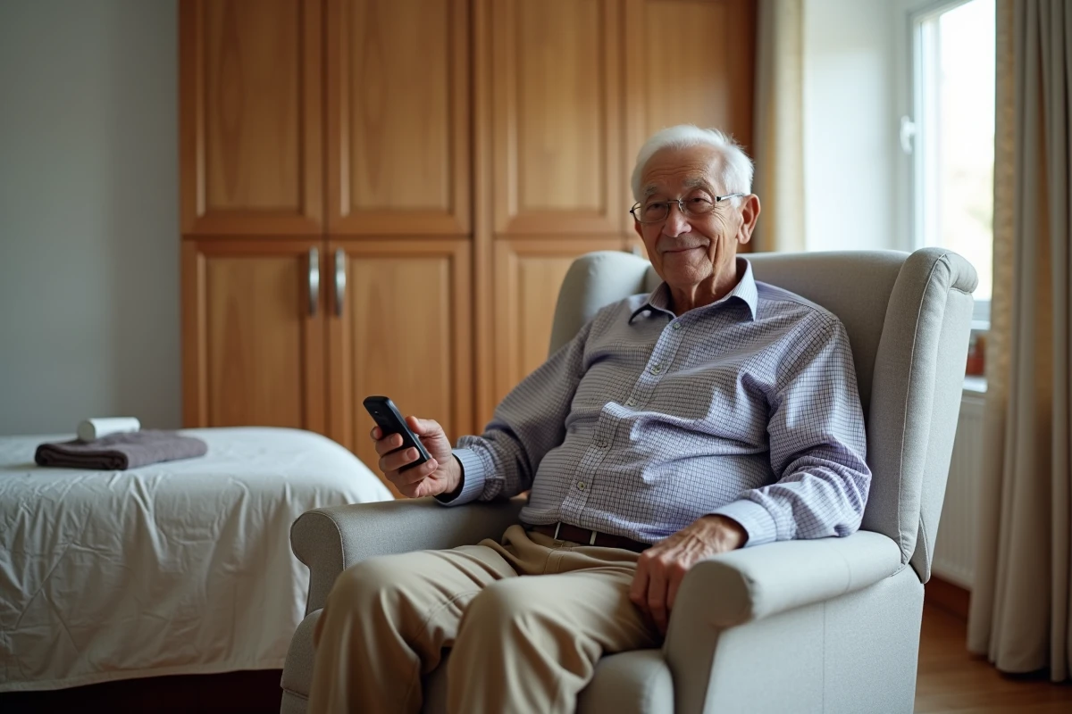 Homme âgé ajustant un fauteuil releveur avec une télécommande