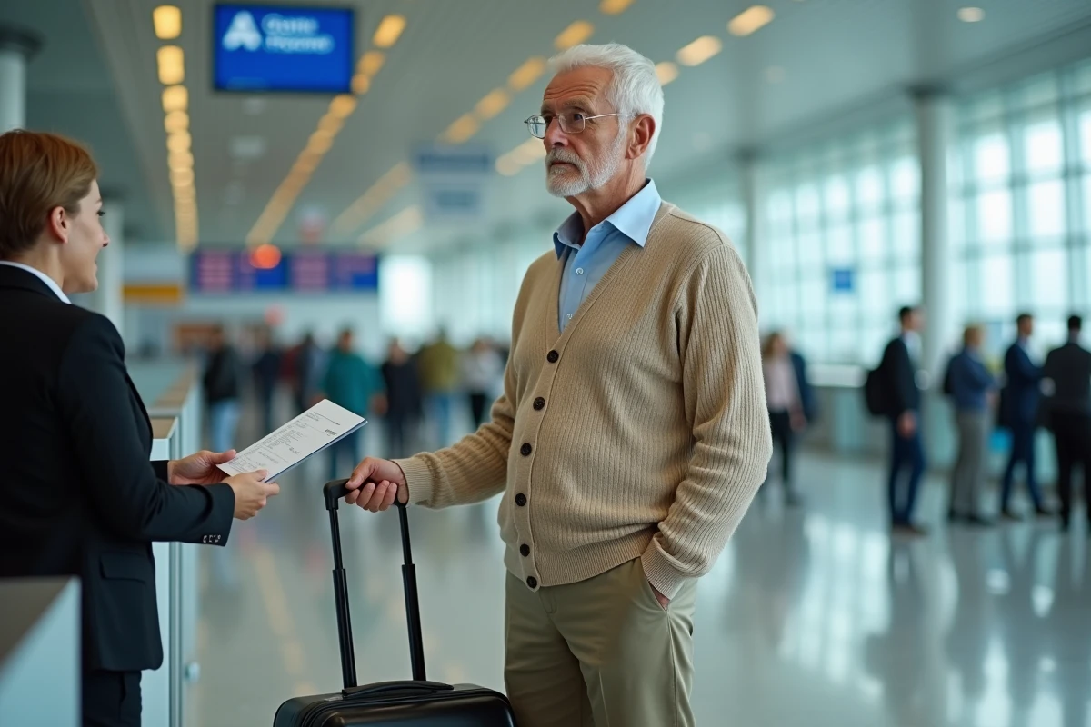 Homme âgé attendant à un comptoir d