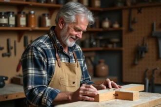 Homme de 60 ans bricoleur expert examinant un assemblage en bois dans son atelier