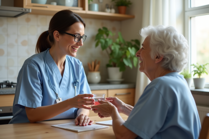 Infirmière aidant une personne âgée à la maison
