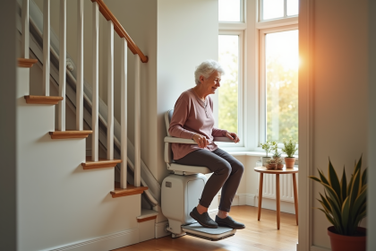 Intérieur moderne avec monte-escalier et femme âgée souriante
